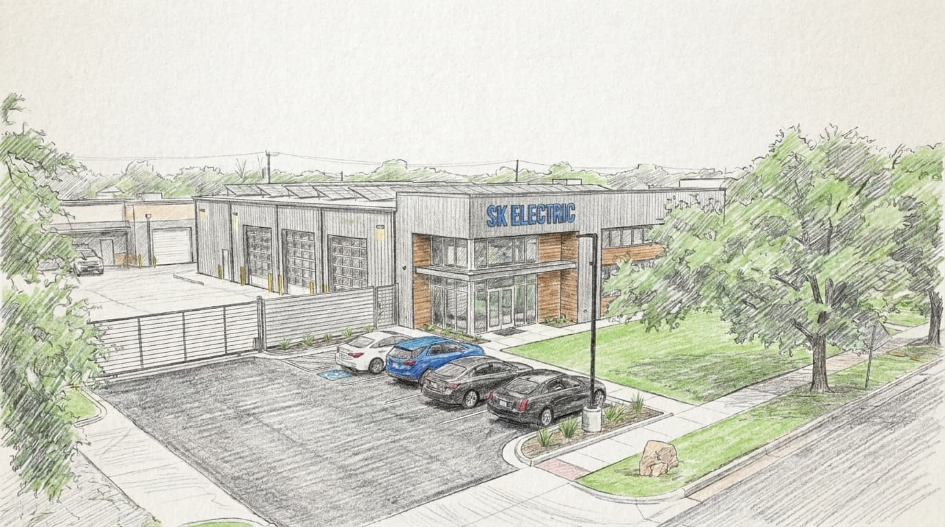 Architectural concept sketch of SK Electric office and industrial facility with parking and solar roof