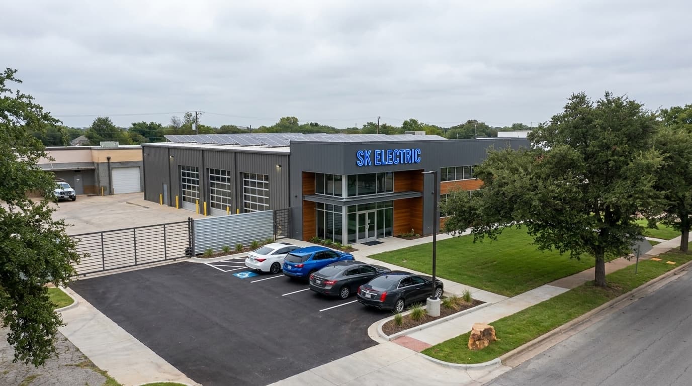 SK Electric headquarters — modern building with solar roof and corporate signage